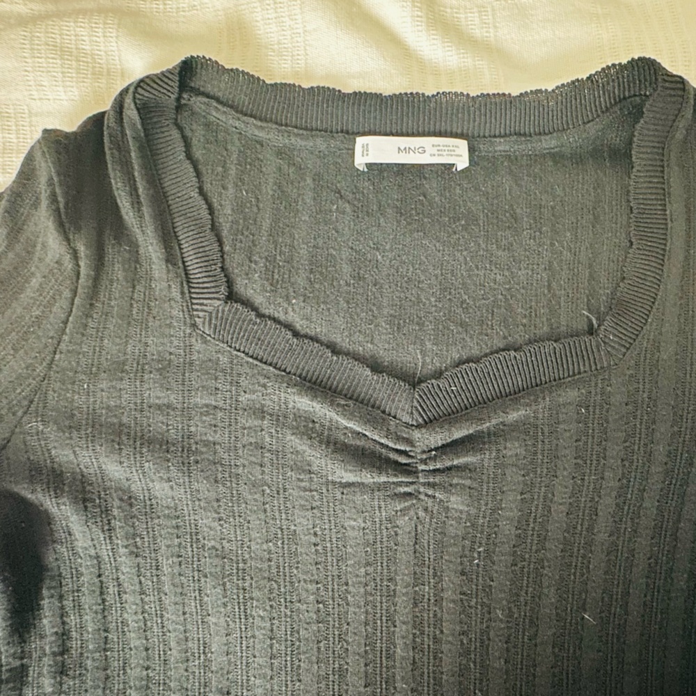 Mango Black Ribbed V-Neck Top